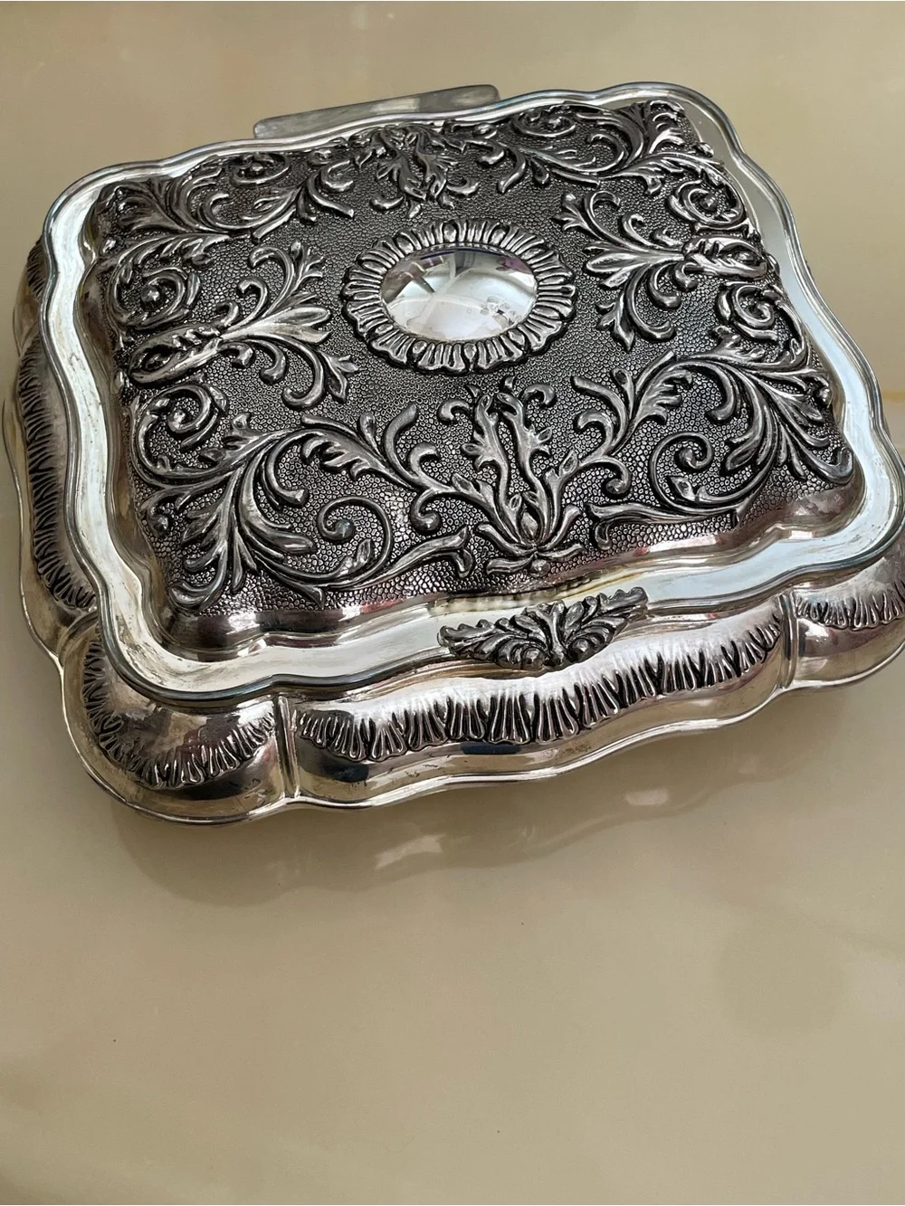 Vintage Godinger Silverplate Victorian Ornate Jewelry Box Red Velvet Lining